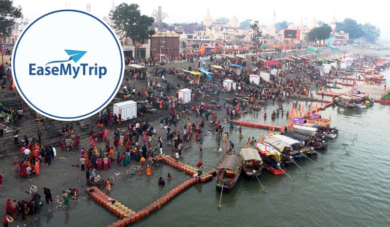 An aerial view of devotees taking a holy dip in the Saryu river on the occasion of Mauni Amavasya, in Ayodhya